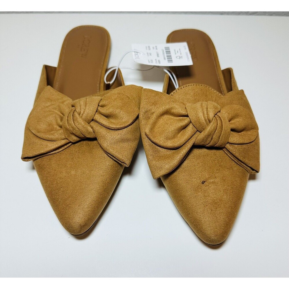 J. Crew Tan Brown Big Bow Pointy Toe‎ Slip On Mules Faux Suede Women's SIZE 8.5